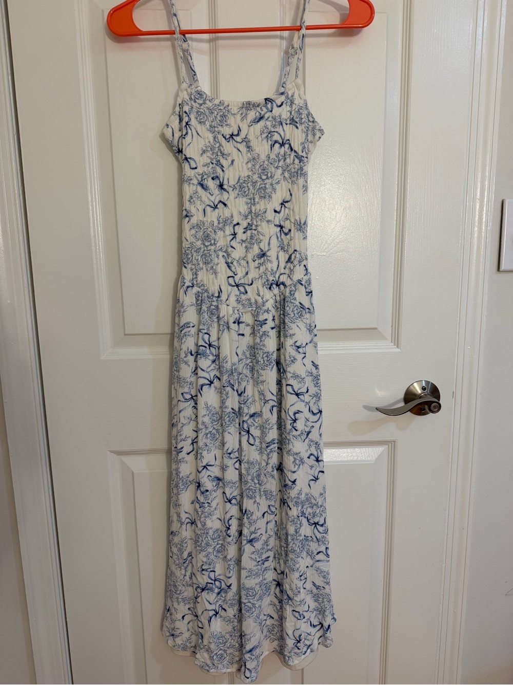White and Blue Floral Maxi Dress with Spaghetti Straps